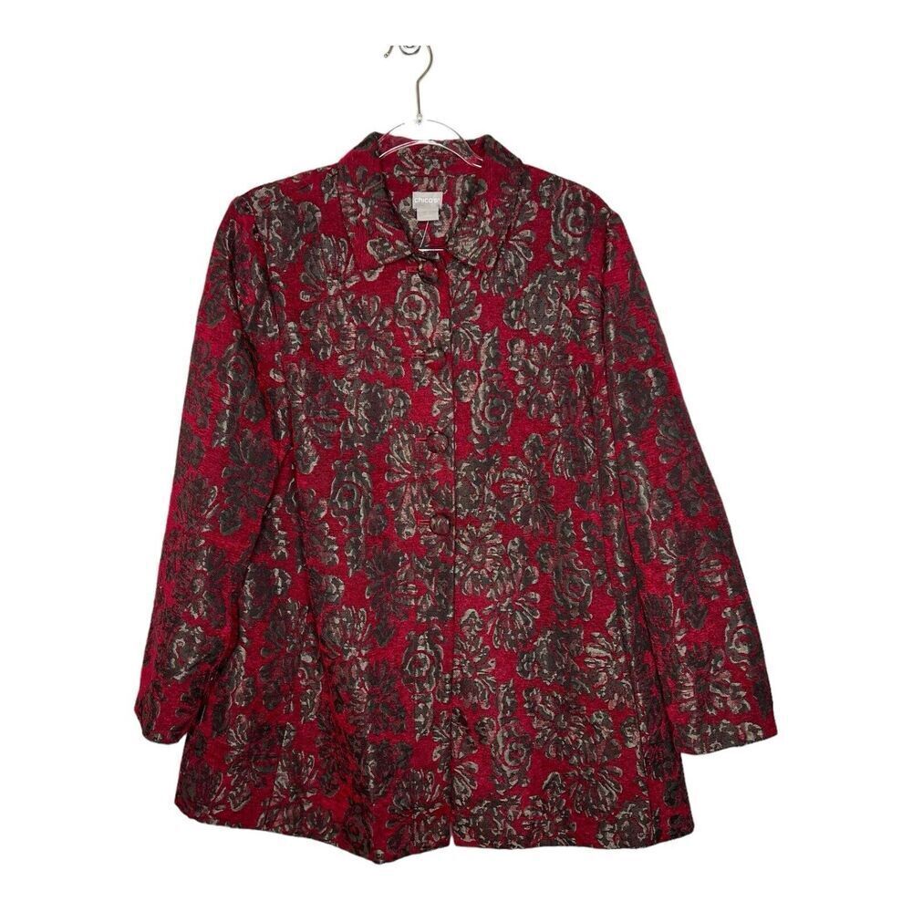 Chicos Jacket Topper Womens Size 2 US 12/14 Red Floral Jacquard Tapestry